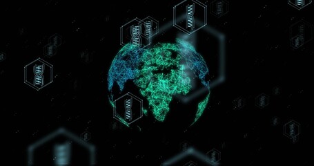 Fototapeta premium Rotating glowing wireframe globe outlining continents in virtual space, showing DNA hexagon badges