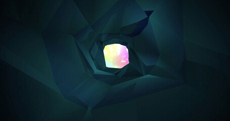 Fototapeta premium Glowing polygonal aperture drawing view inward via spiral angular faceted planes, pastel light