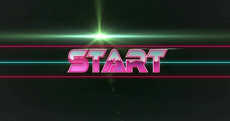Glowing START text showing chrome-edges on 80s synthwave title with cyan-magenta lines, green flare © vectorfusionart