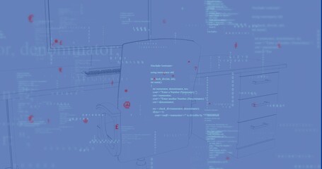 Displaying swivel office chair outlined in thin strokes at workstation, with code overlays