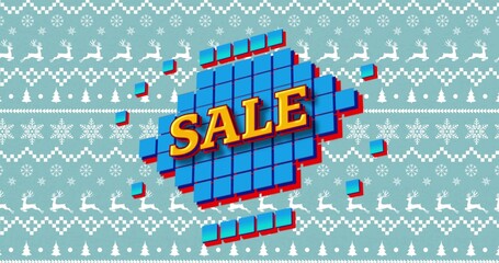 Featuring central 3D blue tiled block bearing yellow SALE on teal knit pattern with floating tiles