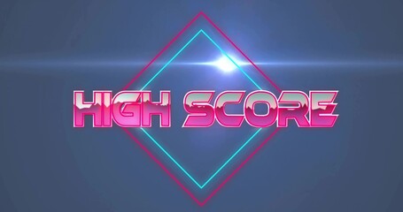 Displaying magenta 3D HIGH SCORE text glowing on navy gradient, cyan and pink diamonds, lens flare