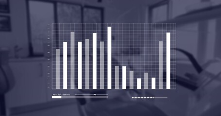Showing translucent digital bar chart overlay filling dental operatory center, with slider readout © vectorfusionart