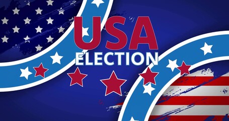 Naklejka premium Showing USA ELECTION type on poster with ribbons, stars, striped flag circle, grunge blue field