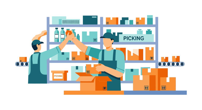 Warehouse Picking and Packing Process with Workers and Conveyor Belt System Illustration