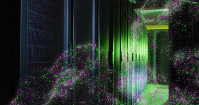Glowing server racks in data center aisle casting green light, swirling magenta lime particles