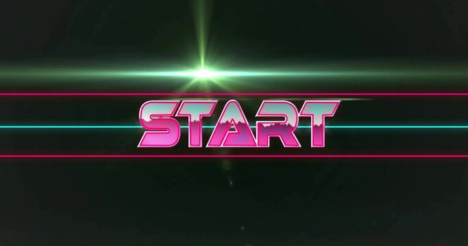 Glowing START text showing chrome-edges on 80s synthwave title with cyan-magenta lines, green flare