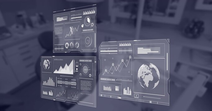 Floating three holographic UI panels displaying line and bar charts with 3D globe in office