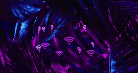 Glowing tropical leaves bathing in magenta and indigo neon light in studio, showing Wi-Fi icons