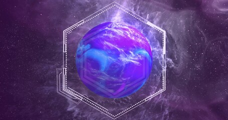 Fototapeta premium Rotating spherical purple-blue planet-like orb glowing in deep space, with hexagon HUD accents