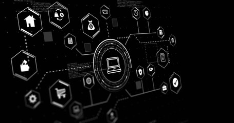 Displaying central HUD node with laptop icon on black screen, connecting hex icons via dotted lines