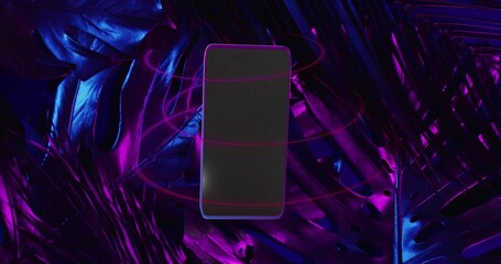 Floating smartphone hovering above glossy tropical leaves in studio, neon rings circling