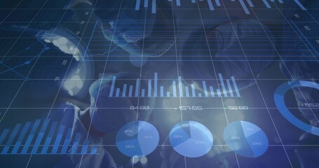Displaying translucent analytics dashboard on tilted grid, showing bars, pies, HUD panels, labels