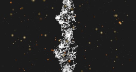 Fototapeta premium Pulsing vertical filament of white linked nodes twisting in abstract starfield, with orange glows