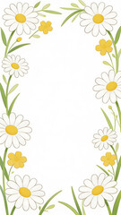 Fototapeta premium Vector illustration of a decorative frame with white daisies and yellow flowers, green leaves. Perfect for invitations, cards, or graphic design elements with a floral theme.