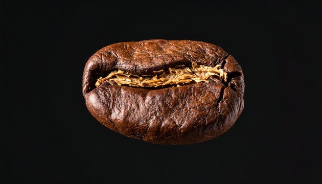 A single roasted coffee bean is isolated on a black background showing a golden crease running lengthwise