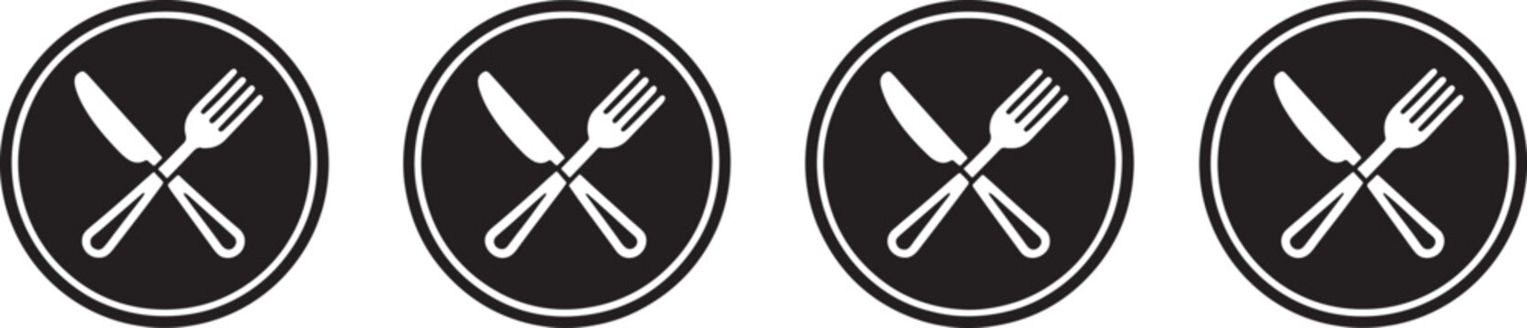 Four black and white food with utensils circle