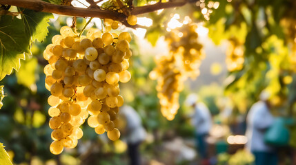 Naklejka premium Glowing golden grapes hanging on a vine at sunset, successful autumn harvest in the vineyard, blurred people picking fruit background.
