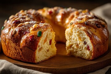 Roscon Reyes, golden-brown king cake ring adorned with dried fruits, capturing festive spirit. Concept of Spanish festive traditions and celebrations in rustic setting.