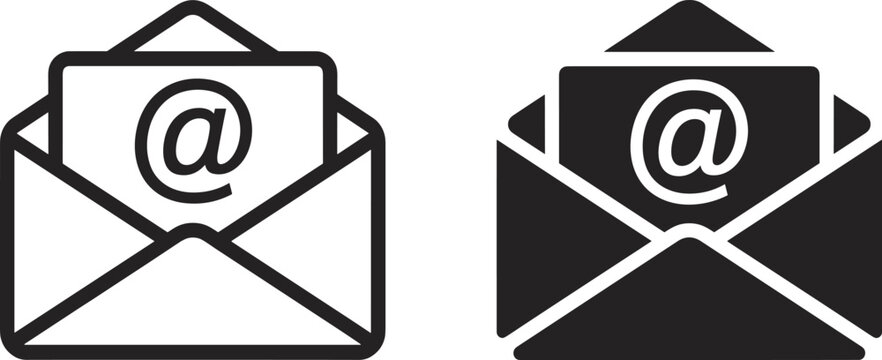 Two email icons with an at symbol on a card inside an open envelope Keywords: email, envelope, at symbol, message, communication