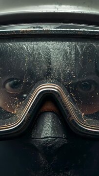 Vertical video: Holding visor, rider peering through scuffed lens to see, dirty fingers, nose guard