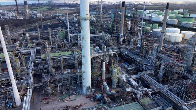 Aerial view of the Humber Refinery, a sprawling industrial complex with tanks, chimneys, and pipelines, a testament to human engineering, Immingham, United Kingdom.