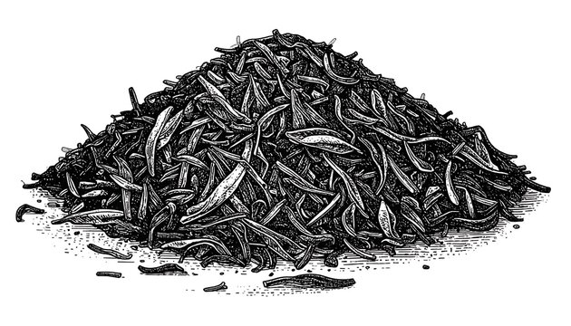 A pile of black tea leaves illustrated with etching, creating a vintage, detailed effect against a white backdrop