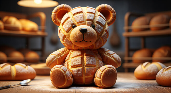Cute teddy bear bread character made of fresh dough in a rustic bakery for a whimsical food illustration and creative morning breakfast concepts