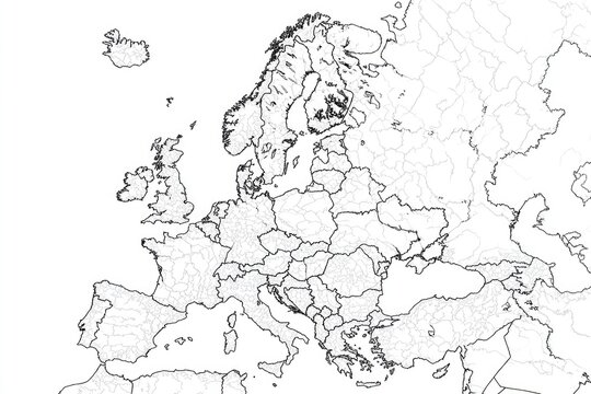 A detailed black and white map of Europe, outlining countries and coastlines