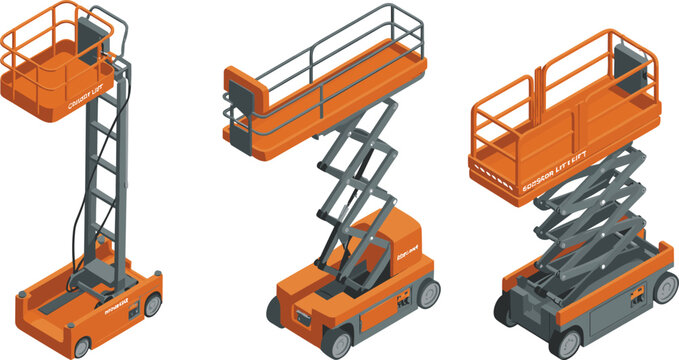Isometric scissor lift platforms and aerial work lifts construction maintenance equipment mobile elevated work platform industrial machinery illustration