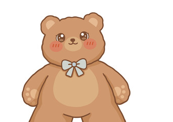 Fototapeta premium Cute kawaii teddy bear character with blue bow tie. Adorable brown plush toy mascot illustration isolated on white background