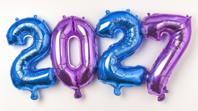 Colorful 2027 foil balloons against white background for celebration