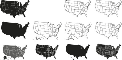 Collection of United States maps in various styles and colors  isolated on white background © Badhon