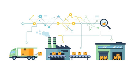 Fototapeta premium Integrated Supply Chain & Logistics: Manufacturing, Warehouse, Delivery, and Digital Tracking. Modern Global Business Operations & Technology.