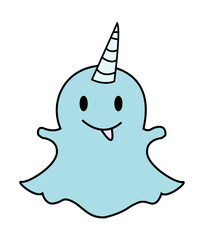 Cute cartoon narwhal ghost character a playful blue spirit with a unicorn horn isolated on white background for childrens designs © Irhama Iqbal 