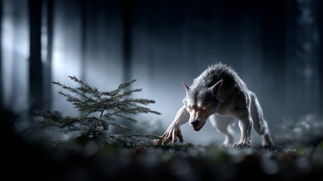 Dark forest scene with a werewolf mid-transformation, radiating anger, aggression, and primal fury.