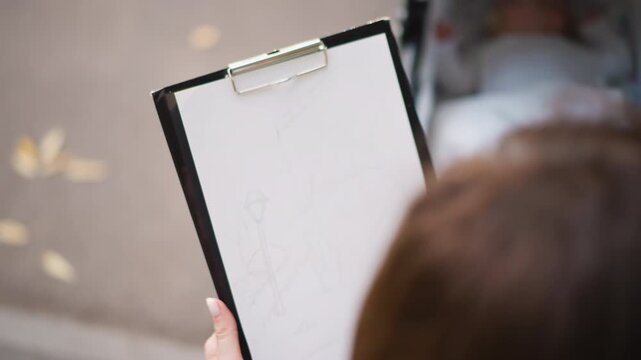 Woman sketching baby outline beside stroller, pencil strokes on clipboard paper, soft focus on bassinet and pavement leaves, intimate creative moment, quiet motherhood reflection and lifestyle art