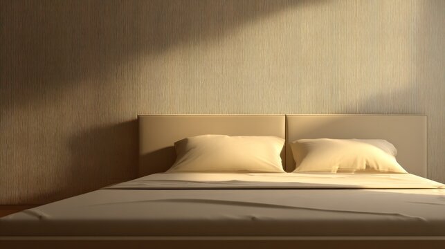 Minimalist bedroom interior with bed and pillows under soft overhead light