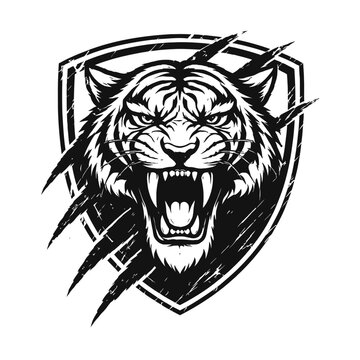 Roaring tiger head logo, fierce B&W grunge design, sharp fangs, green eyes, aggressive claw marks on shield. Perfect for sports, esports, gaming, powerful branding, symbolizing strength, courage, unta
