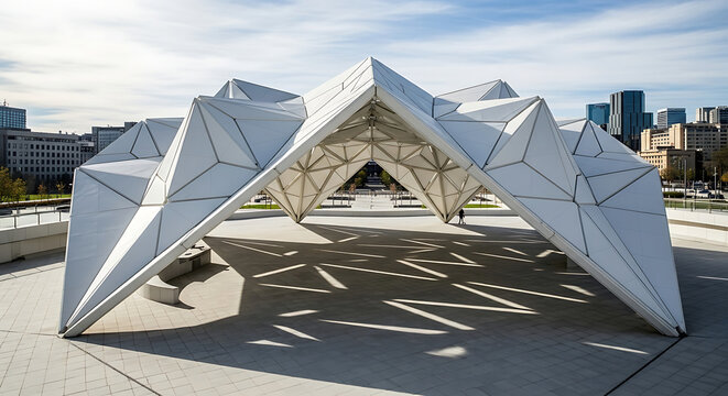 Modern outdoor pavilion with a white geometric origami-inspired roof structure. Public space architecture featuring triangulated panels and sharp lines for shade and community gathering 