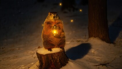 Fototapeta premium Groundhog holding a glowing lantern on a snow covered tree stump at night. Marmot in a winter forest for Groundhog Day celebration. Whimsical wildlife prediction concept