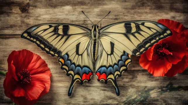 Elegant butterfly resting on wooden surface with red poppies