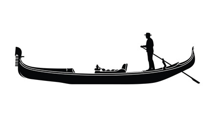 A striking black gondola glides along the water featuring a detailed human form silhouette high quality professional modern © nhpvect02