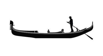 A striking black silhouette depicts a gondolier navigating a traditional venetian gondola silhouette high quality professional detailed modern © nhpvect02