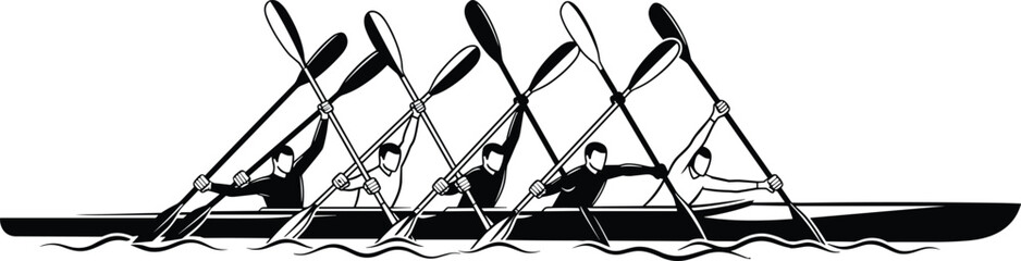Vector Illustration of a Five Person Rowing Team in a Racing Shell Boat With Oars Raised for Sports Competition and Teamwork © MdHabiburRahman