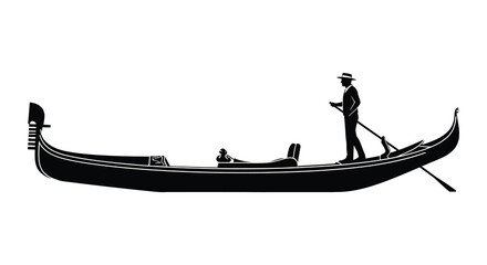 A striking black silhouette depicts a gondolier and his traditional boat on calm waters silhouette high quality professional © nhpvect02