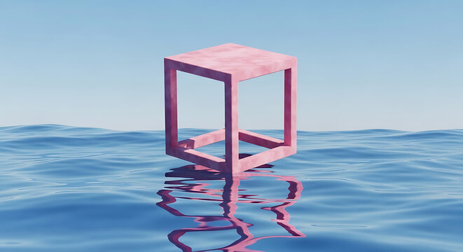 A pink impossible cube structure appears to float on a calm blue body of water under a clear sky, creating a surreal and minimalist scene.