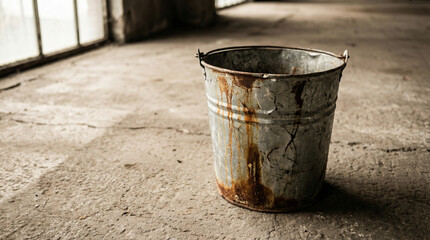 Naklejka premium Bucket with rust stains on concrete floor in industrial setting 
