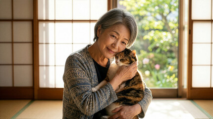 シニア女性が飼い猫を愛おしく撫でている