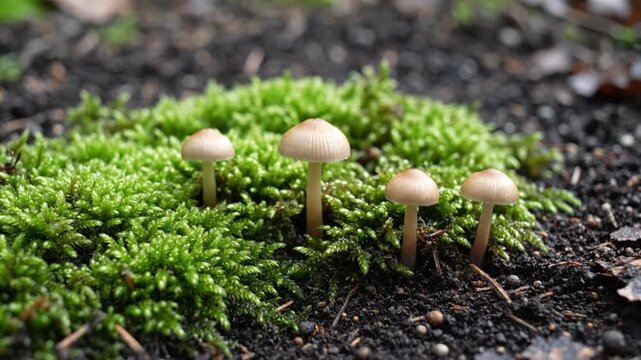 Moss and mushroom growth timelapse forest floor nature ecosystem micro fungi botanical science
